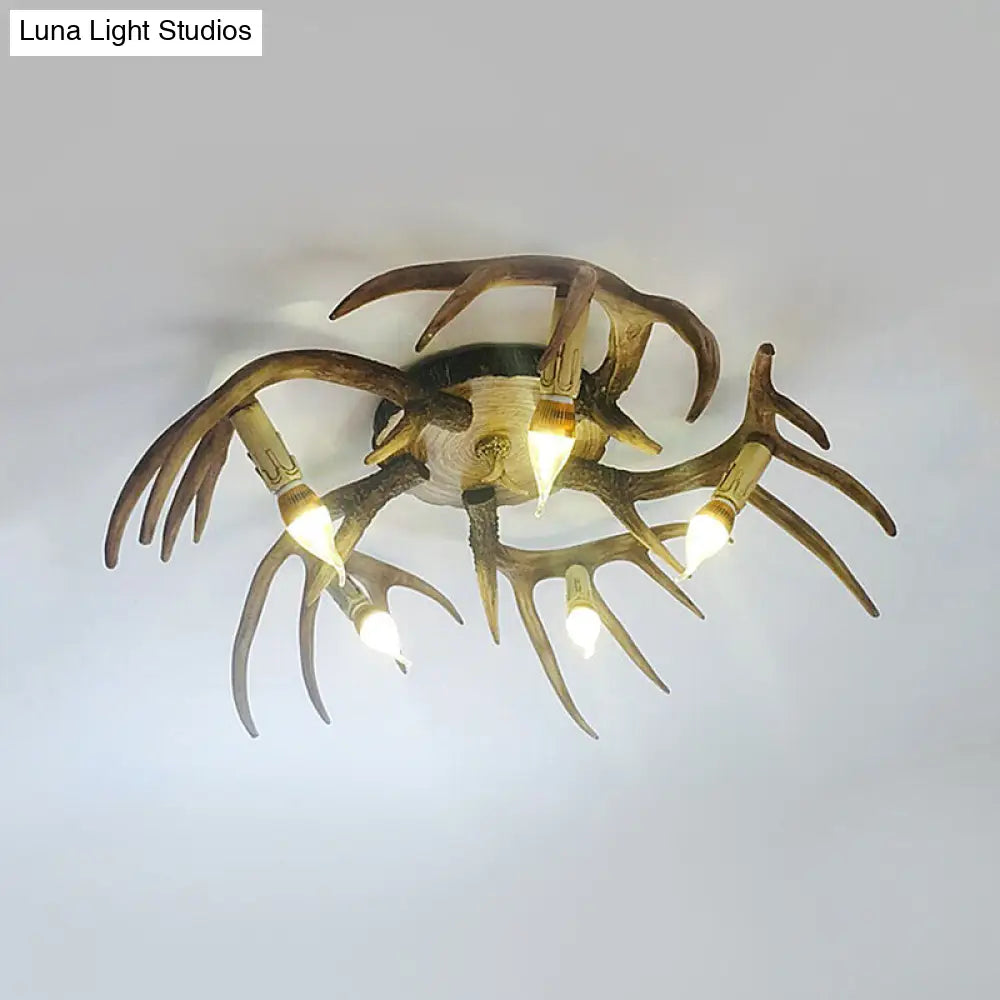 Antler Shape 5-Bulb Resin Flush Mount Ceiling Lamp - Brown Semi Traditional Lighting