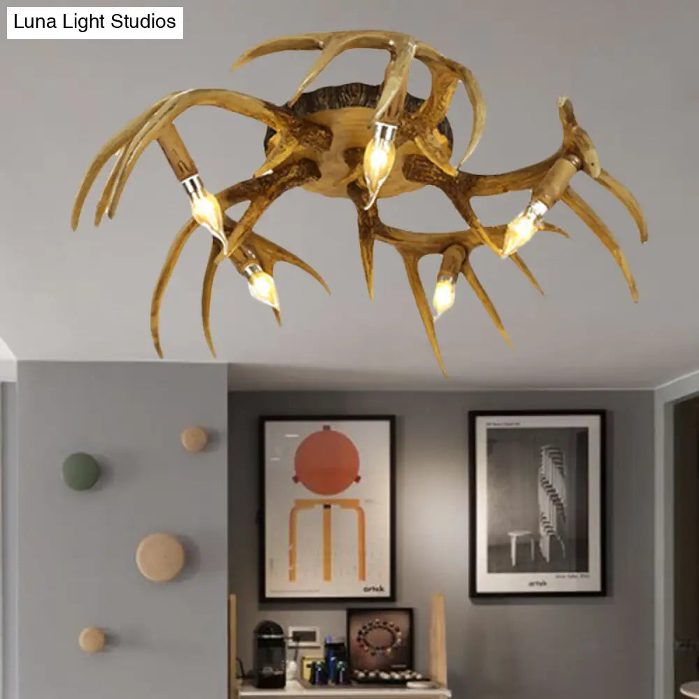 Antler Shape 5-Bulb Resin Flush Mount Ceiling Lamp - Brown Semi Traditional Lighting