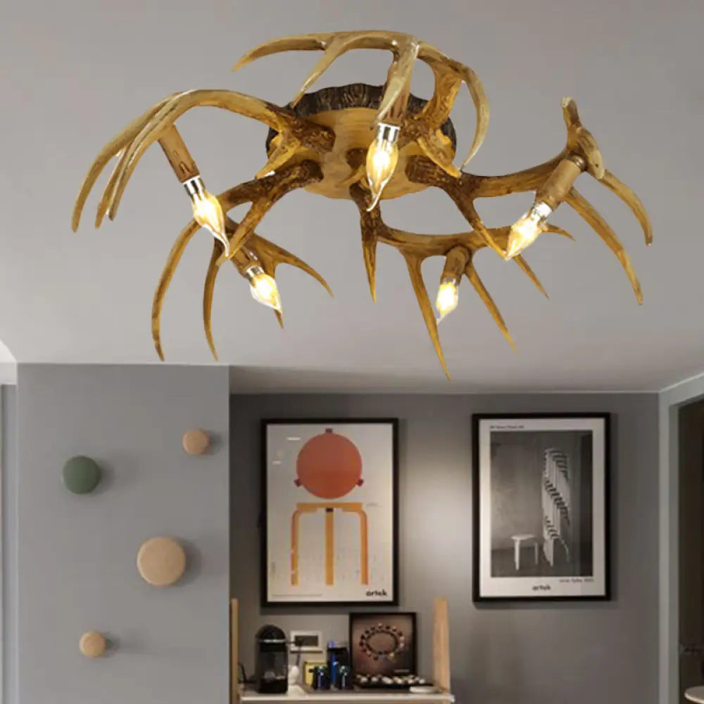 Antler Shape 5 - Bulb Resin Flush Mount Ceiling Lamp - Brown Semi Traditional Lighting