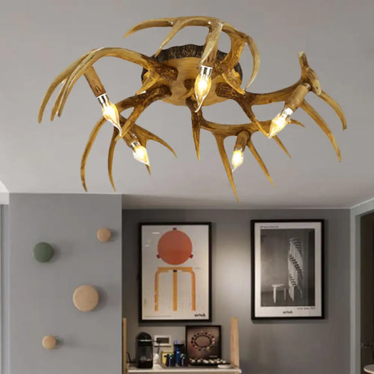 Antler Shape 5 - Bulb Resin Flush Mount Ceiling Lamp - Brown Semi Traditional Lighting