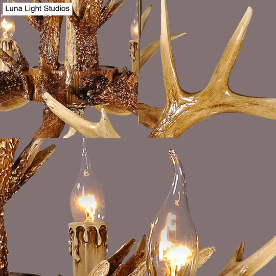 Antler Shaped Hanging Lamp: Rustic 8-Bulb Chandelier In Brown Resin