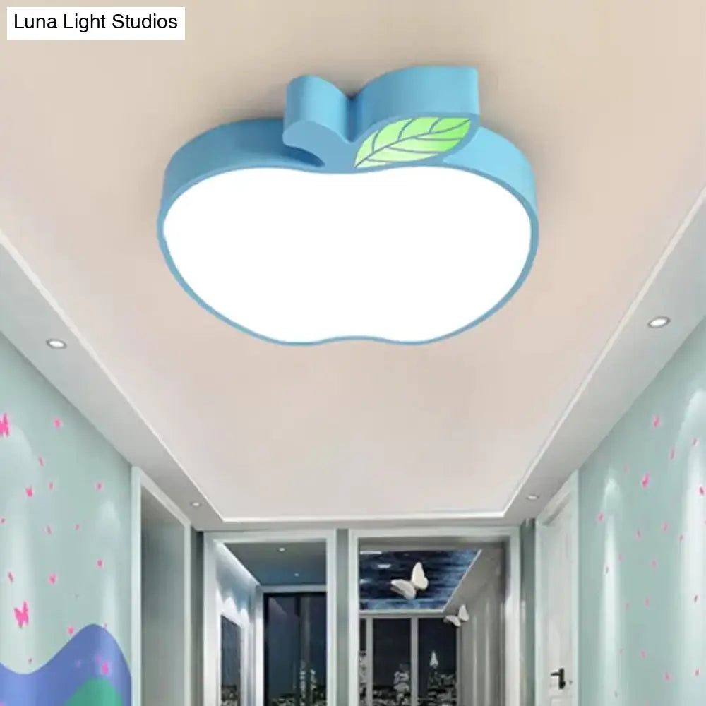 Apple Metal Ceiling Light With Leaf Design For Kids Bedroom - Macaron Flush Mount Blue / White