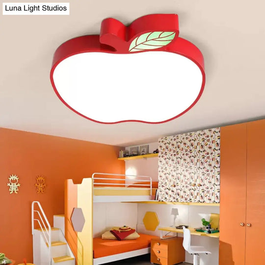 Apple Metal Ceiling Light With Leaf Design For Kids Bedroom - Macaron Flush Mount Red / White