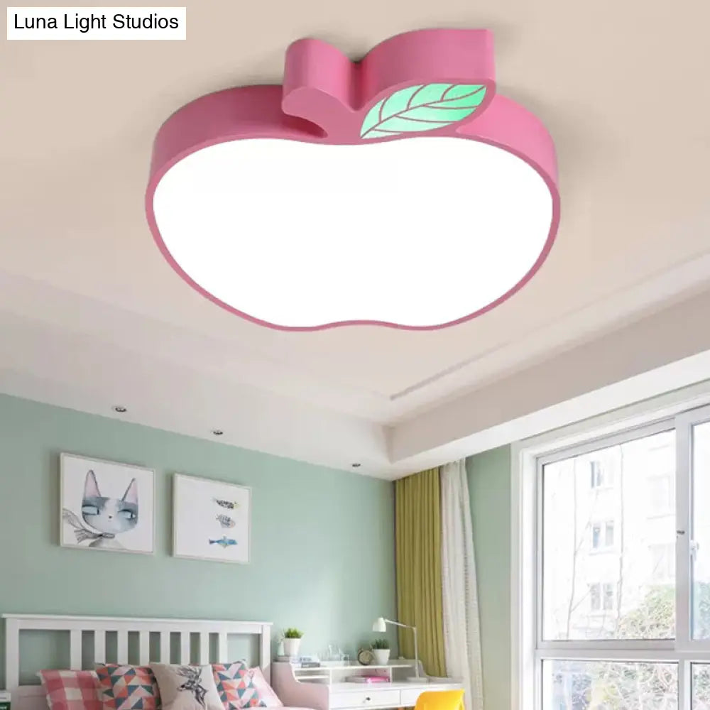 Apple Metal Ceiling Light With Leaf Design For Kids Bedroom - Macaron Flush Mount Pink / White