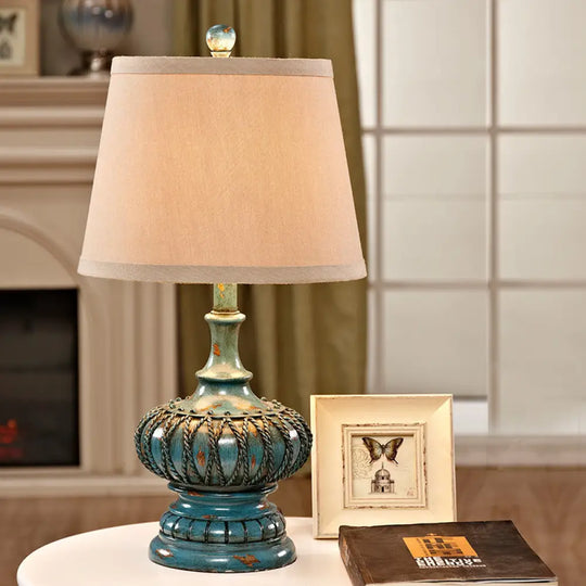 Aqua Antique Cone Fabric Nightstand Lamp With 1 Light - Bedroom Night Table