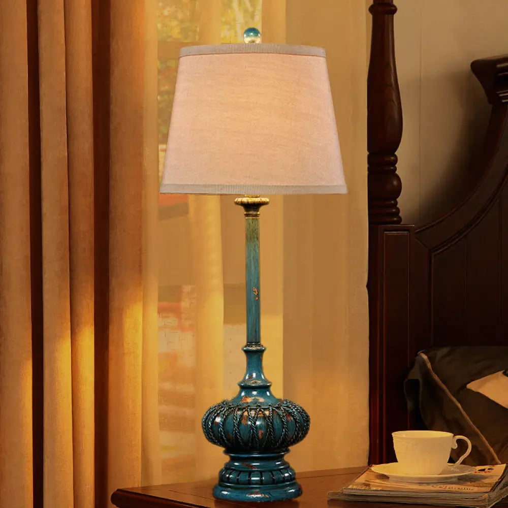 Aqua Column Table Lamp: Traditional Resin 1-Light Nightstand Lamp For Bedroom With Cone Shade