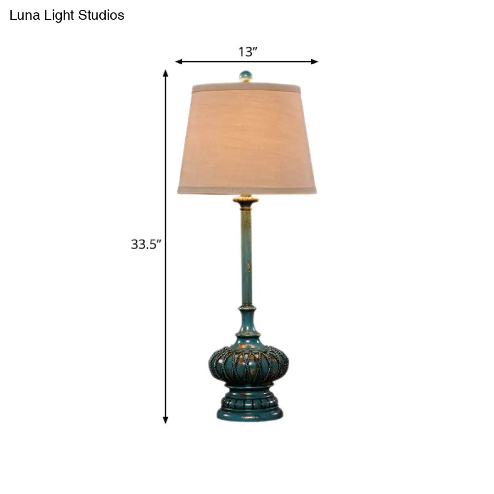 Aqua Column Table Lamp: Traditional Resin 1-Light Nightstand Lamp For Bedroom With Cone Shade