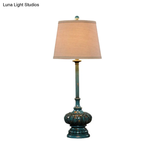 Aqua Column Table Lamp: Traditional Resin 1-Light Nightstand Lamp For Bedroom With Cone Shade