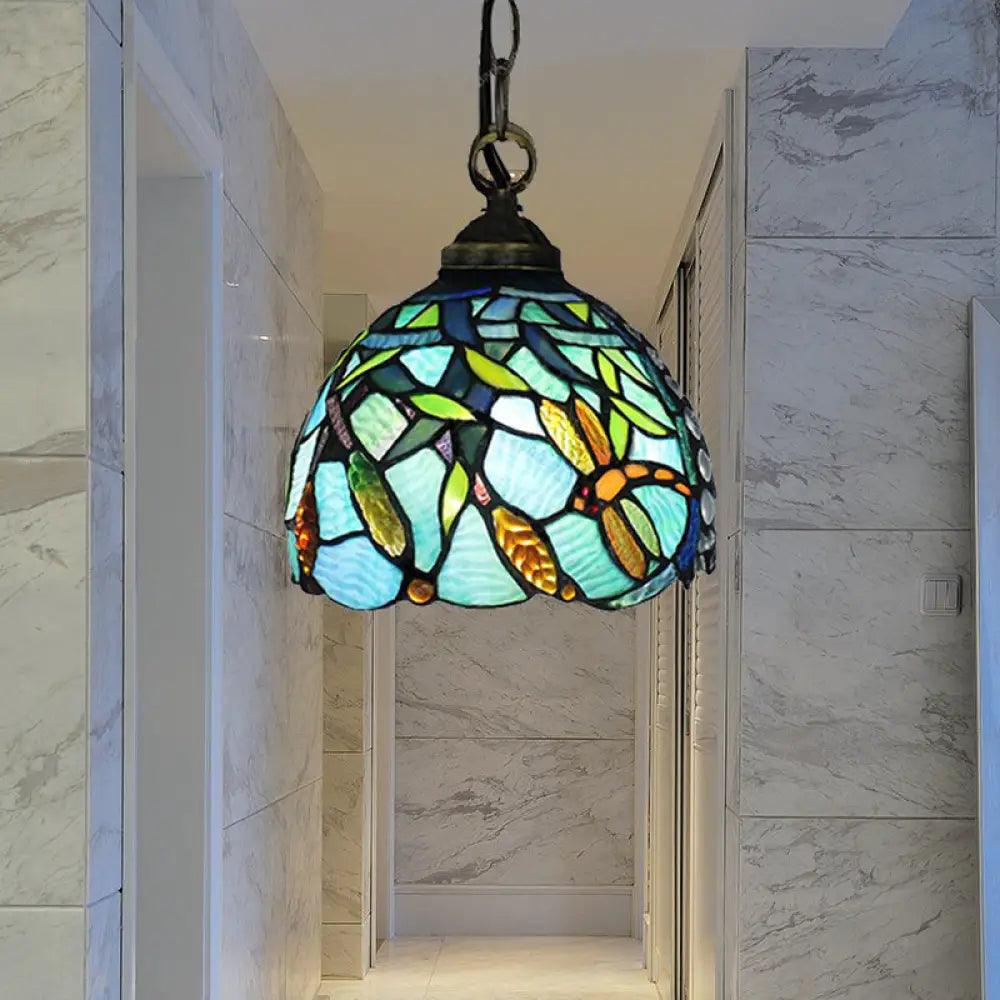 Aqua Hand Cut Glass Domed Hanging Lamp With Dragonfly Pattern - Mediterranean Pendant Light
