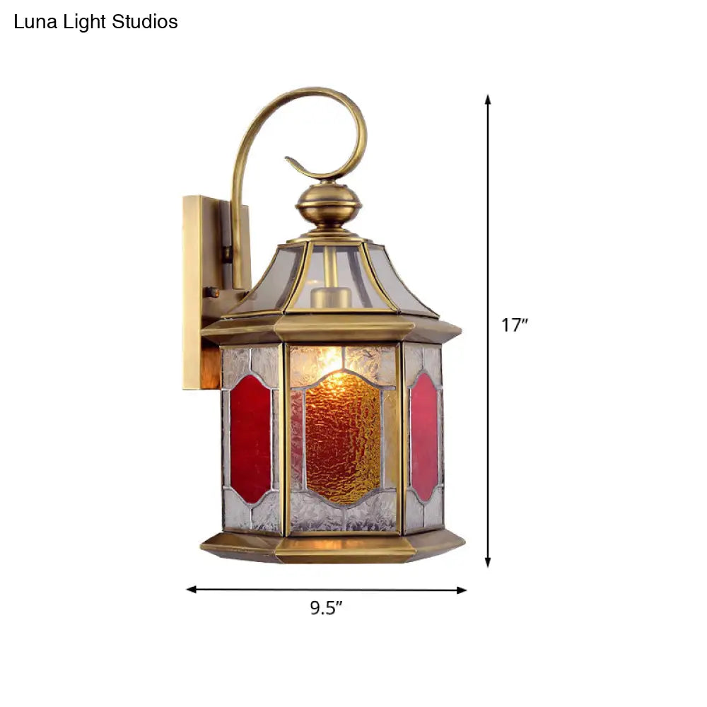 Arab 1-Bulb Red Glass Sconce Lamp - Wall Mount Balcony Light With Curved Arm