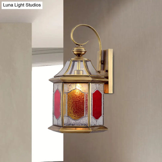 Arab 1-Bulb Red Glass Sconce Lamp - Wall Mount Balcony Light With Curved Arm