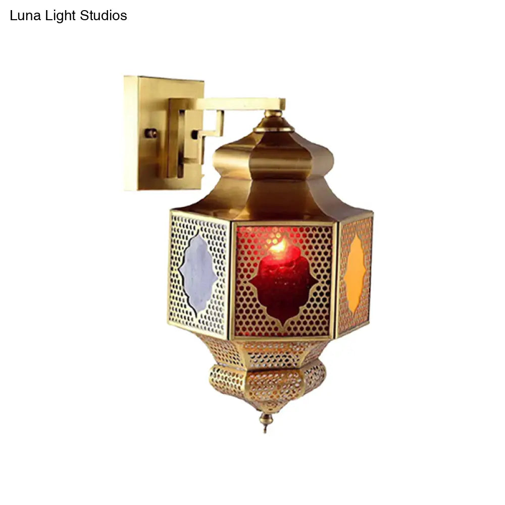 Arab 1-Head Metal Lantern Sconce Wall Mounted Lamp In Brass - Balcony Lighting