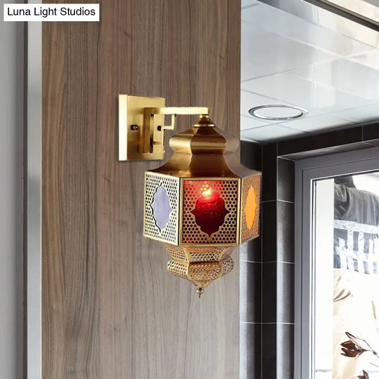 Arab 1-Head Metal Lantern Sconce Wall Mounted Lamp In Brass - Balcony Lighting