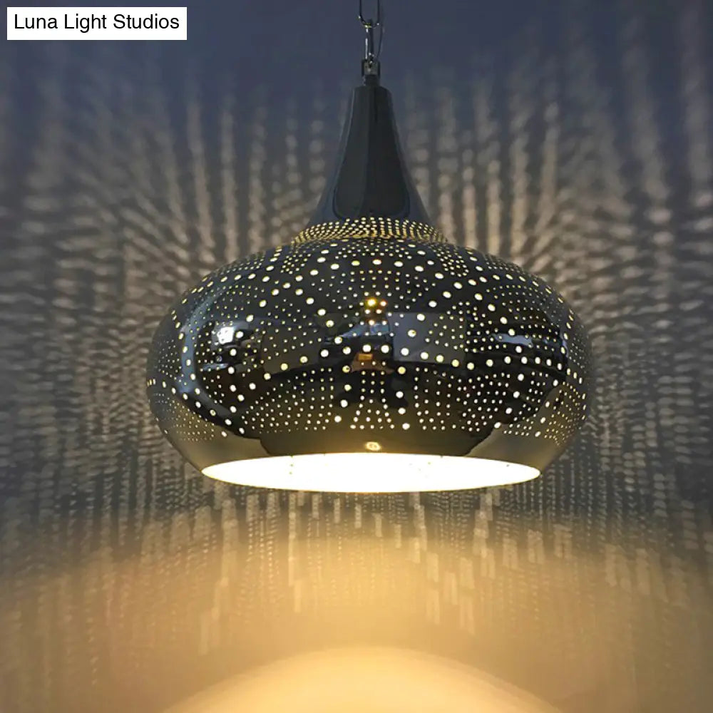 Arab Hanging Urn-Shaped Metal Light - 1-Head Black 9/12 Width For Living Room Suspension