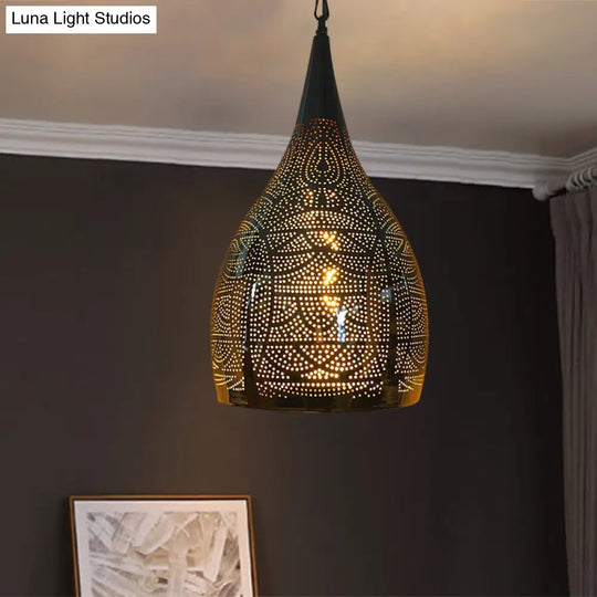 Arab Hanging Urn-Shaped Metal Light - 1-Head Black 9/12 Width For Living Room Suspension