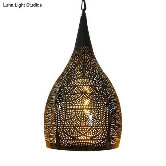 Arab Hanging Urn-Shaped Metal Light - 1-Head Black 9/12 Width For Living Room Suspension