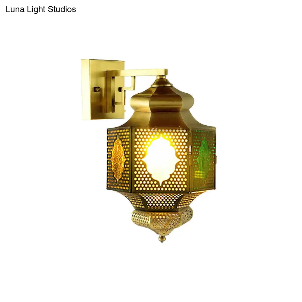 Arab Lantern Sconce: Stylish 1-Head Wall Mount Lamp In Brass For Hallway