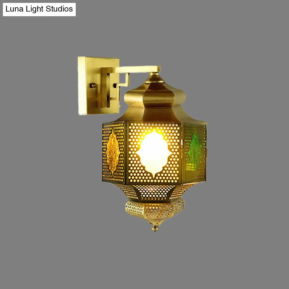 Arab Lantern Sconce: Stylish 1-Head Wall Mount Lamp In Brass For Hallway