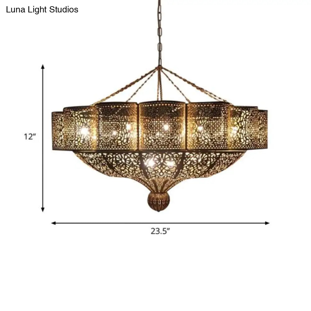 Arab Style Brass Pendant Light Kit With Hollow-Cut Design - 11 Heads Priscilla Edge Metallic