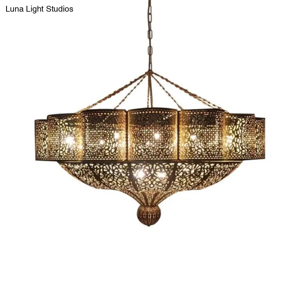 Arab Style Brass Pendant Light Kit With Hollow-Cut Design - 11 Heads Priscilla Edge Metallic