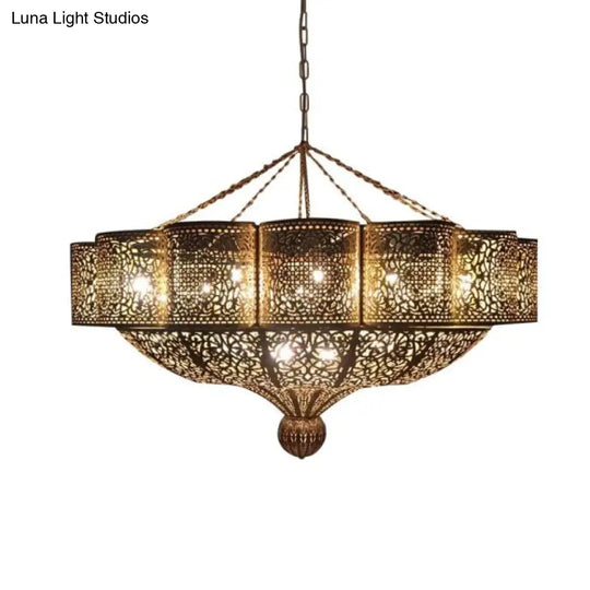 Arab Style Brass Pendant Light Kit With Hollow-Cut Design - 11 Heads Priscilla Edge Metallic