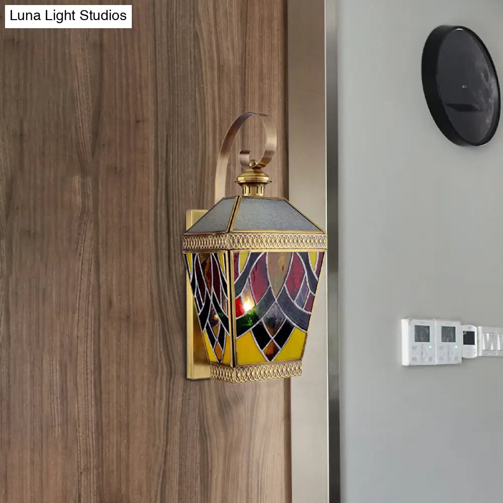 Arab Style Corner Sconce: 1-Light Wall Mount Lamp With White/Red Glass Shade