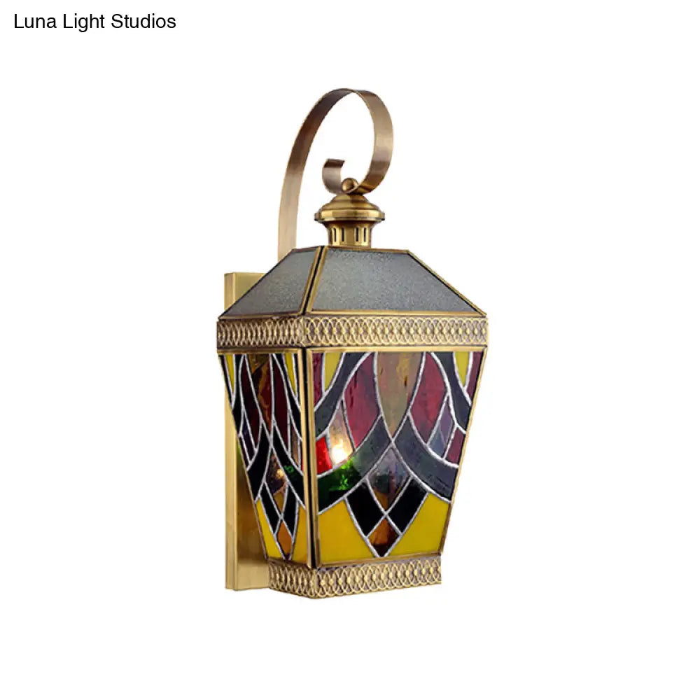 Arab Style Corner Sconce: 1-Light Wall Mount Lamp With White/Red Glass Shade