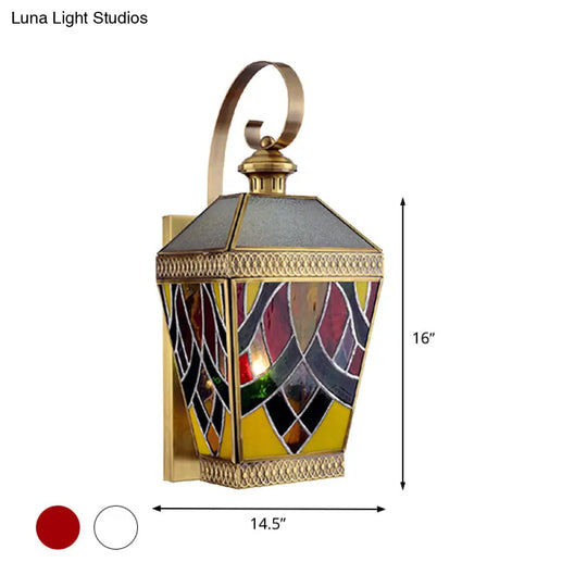 Arab Style Corner Sconce: 1-Light Wall Mount Lamp With White/Red Glass Shade