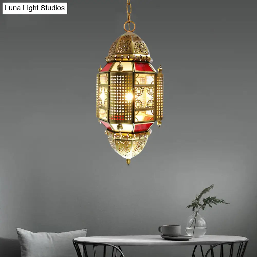 Arabian Lantern Metal Hanging Lamp With Cutout Design In Brass - 1 Light Suspension Lighting