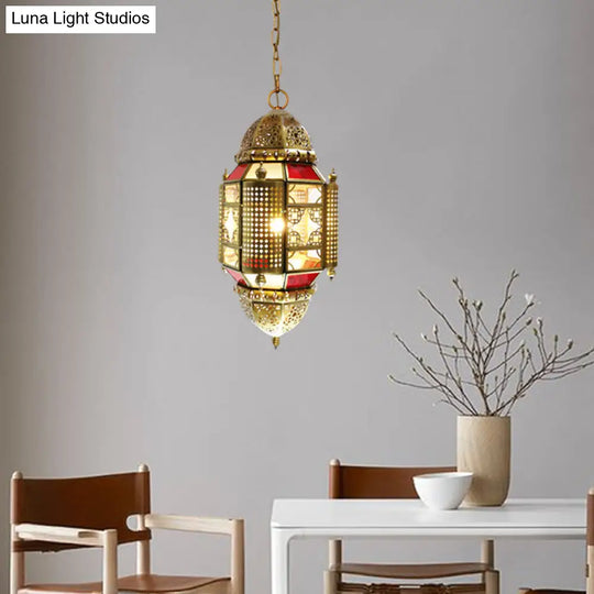 Arabian Lantern Metal Hanging Lamp With Cutout Design In Brass - 1 Light Suspension Lighting