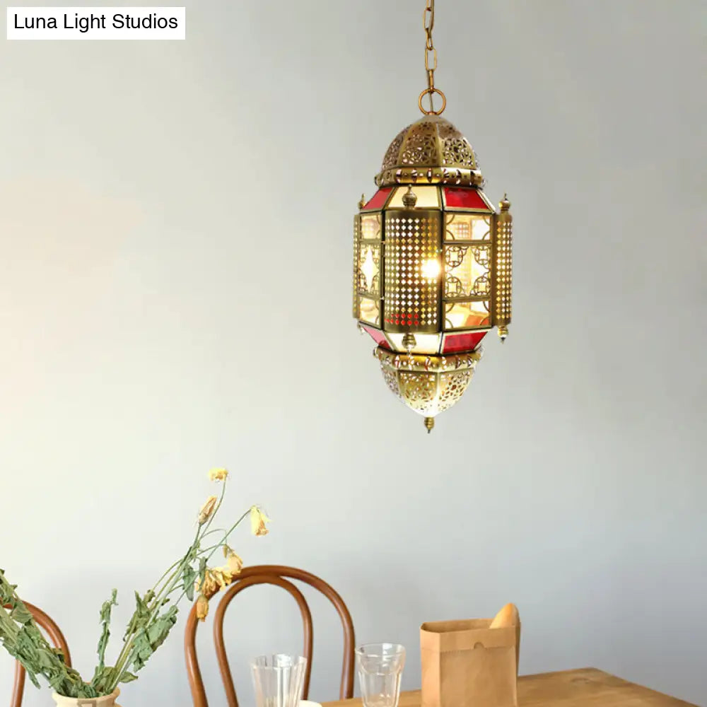 Arabian Lantern Metal Hanging Lamp With Cutout Design In Brass - 1 Light Suspension Lighting