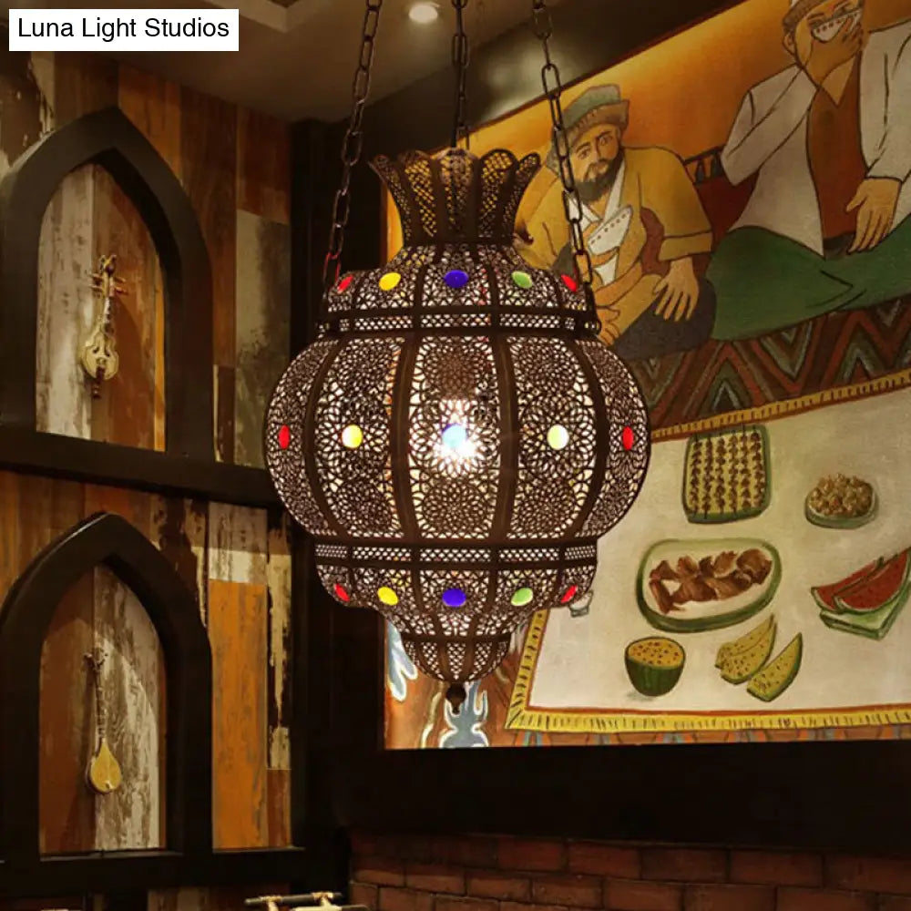 Arabian Metal 1-Head Black Hanging Pendant Light For Restaurants - Oval Ceiling Suspension