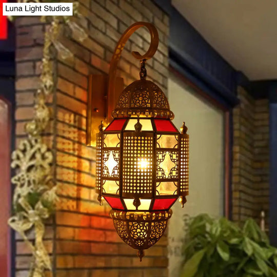 Arabian Metal Lantern Sconce: Brass Wall Lighting Fixture With 1 Bulb