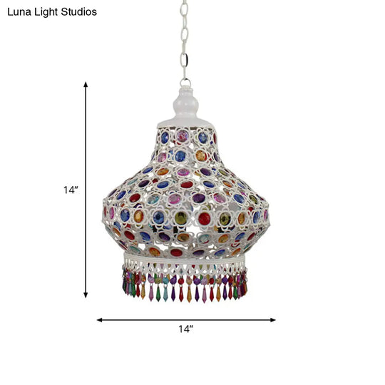 Arabic Style White Metal Pendant Lamp With Fringe Trim - 1-Bulb Beaded Pear Shaped Hanging Light