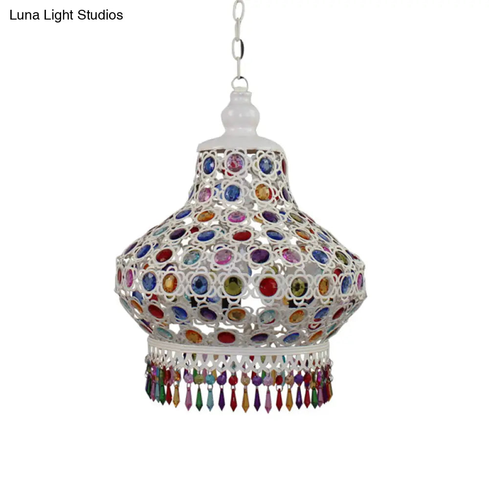 Arabic Style White Metal Pendant Lamp With Fringe Trim - 1-Bulb Beaded Pear Shaped Hanging Light