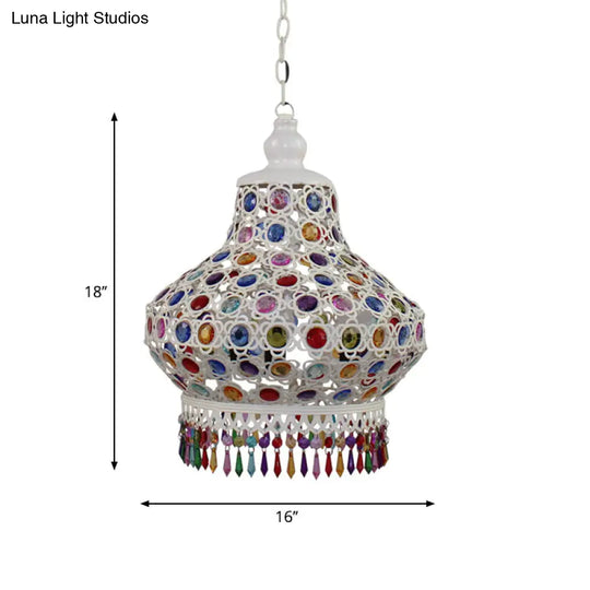 Arabic Style White Metal Pendant Lamp With Fringe Trim - 1-Bulb Beaded Pear Shaped Hanging Light