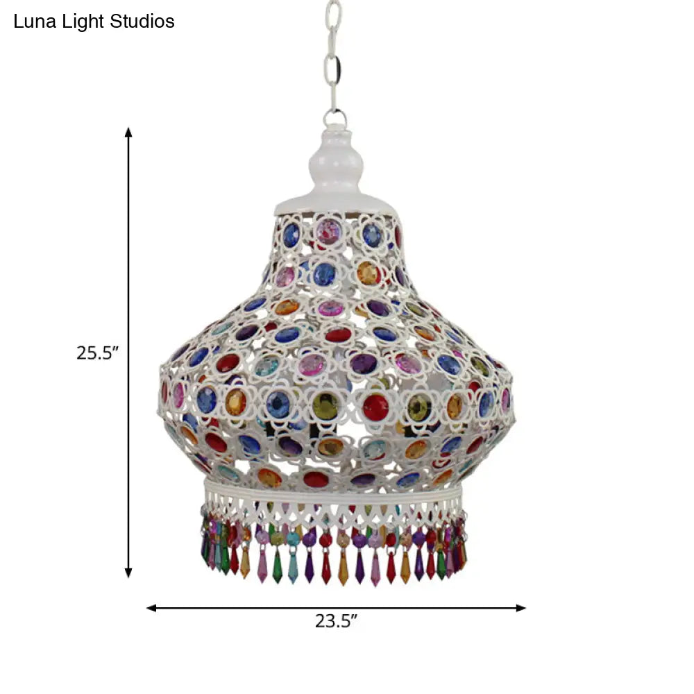 Arabic Style White Metal Pendant Lamp With Fringe Trim - 1-Bulb Beaded Pear Shaped Hanging Light