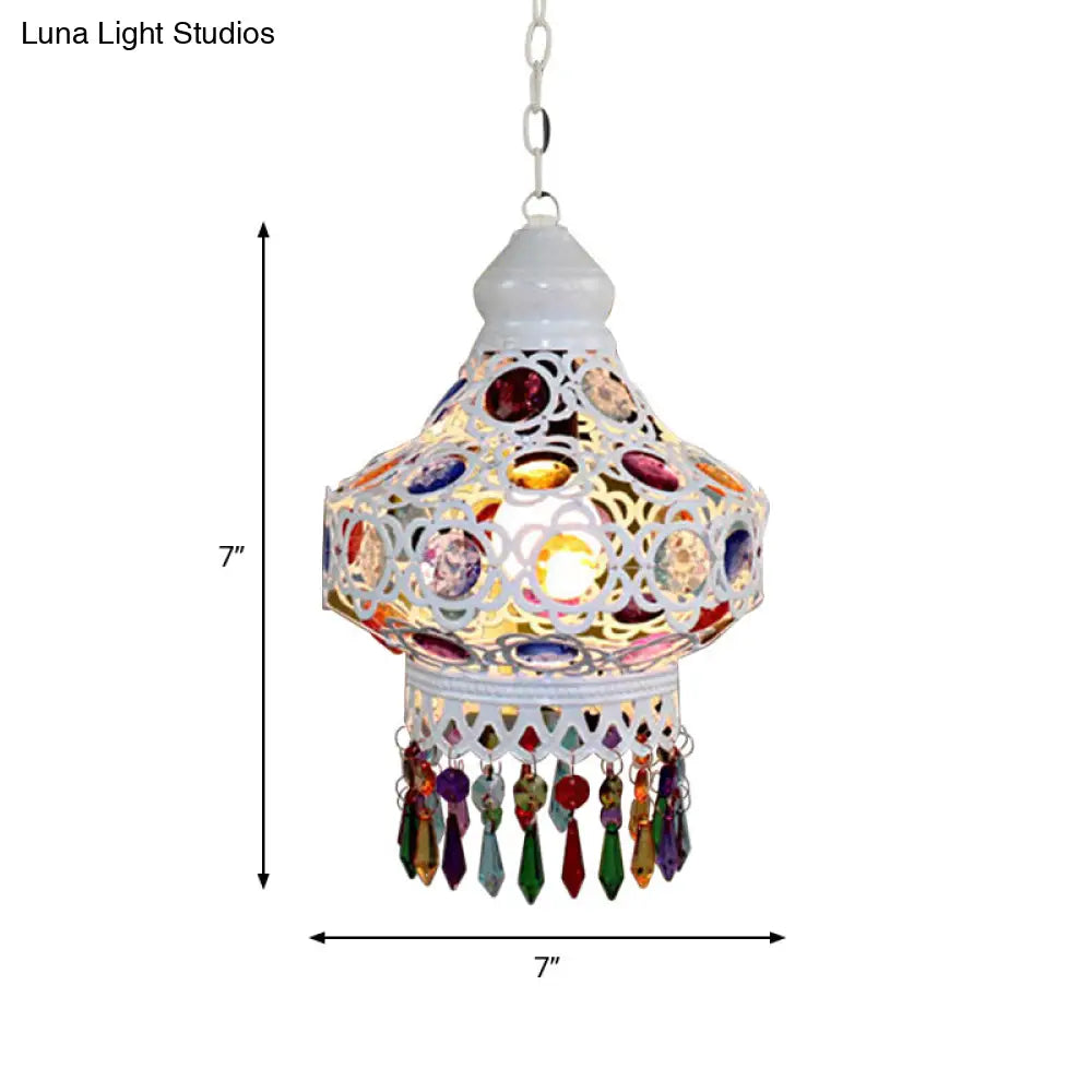 Arabic Style White Metal Pendant Lamp With Fringe Trim - 1-Bulb Beaded Pear Shaped Hanging Light