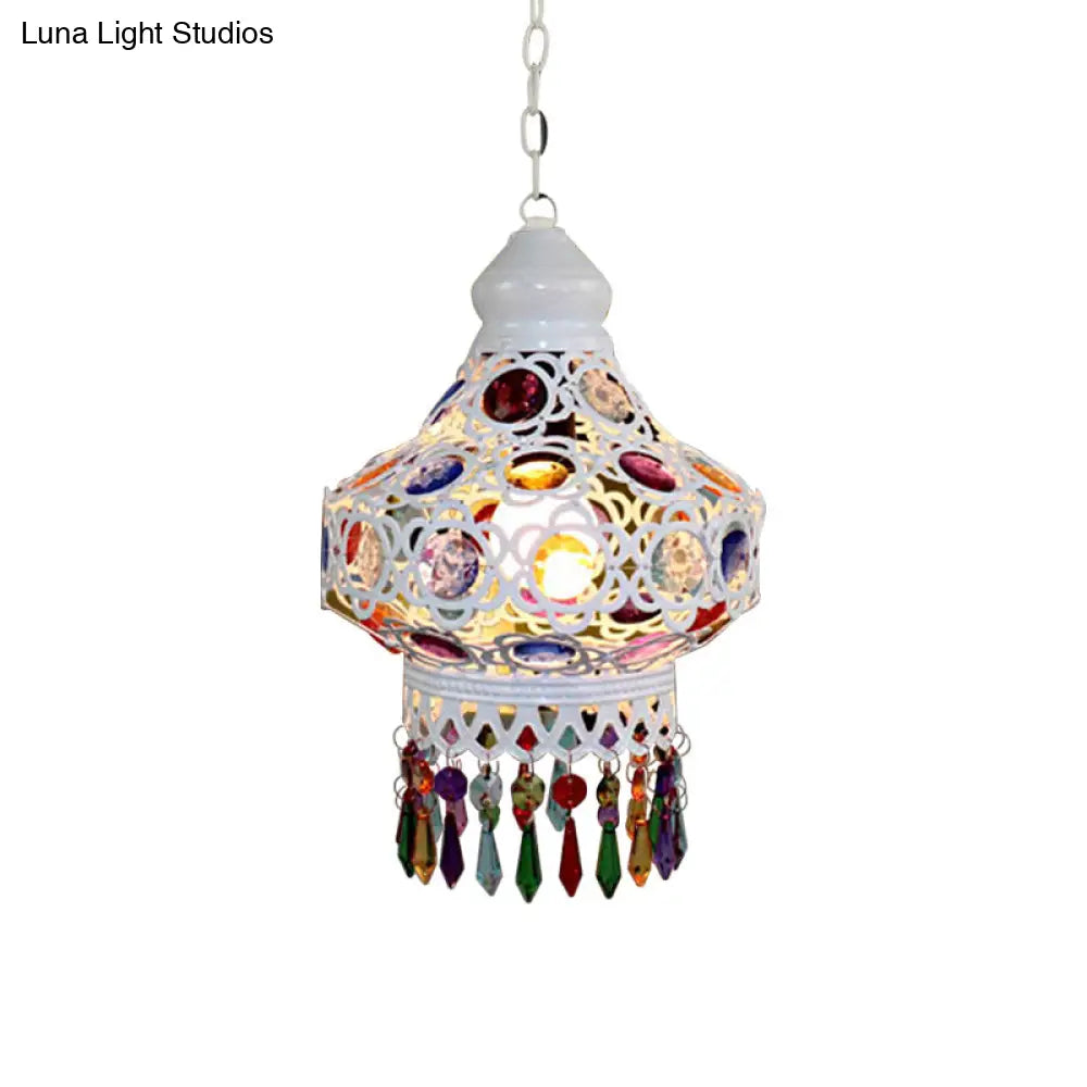 Arabic Style White Metal Pendant Lamp With Fringe Trim - 1-Bulb Beaded Pear Shaped Hanging Light