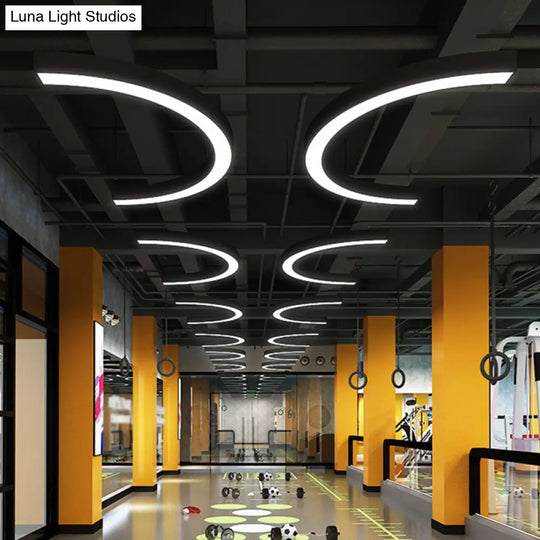 Arc Shaped Gym Pendant Lamp Metal Contemporary Led Hanging Ceiling Light In Black