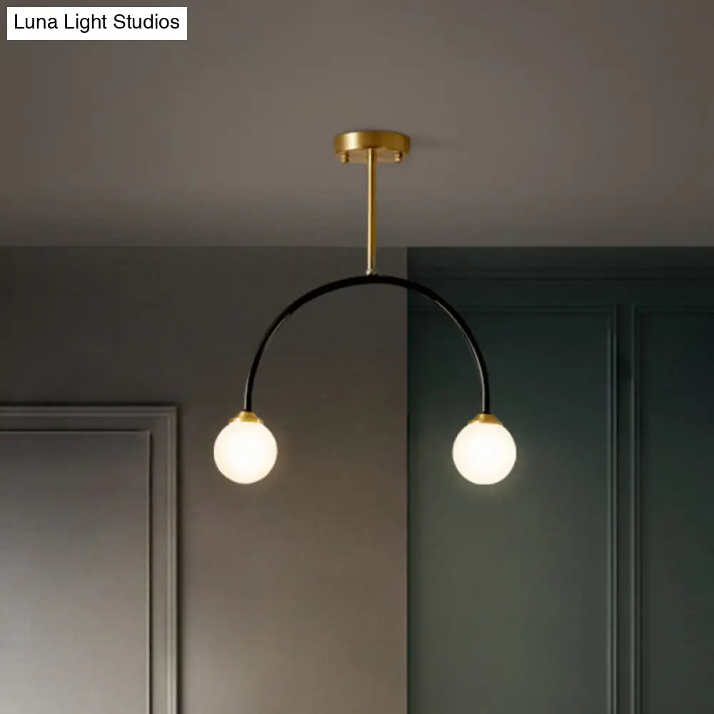 Arced Minimal 2 - Bulb Led Flush Ceiling Lamp – Brass & Black Restaurant Semi Mount Lighting