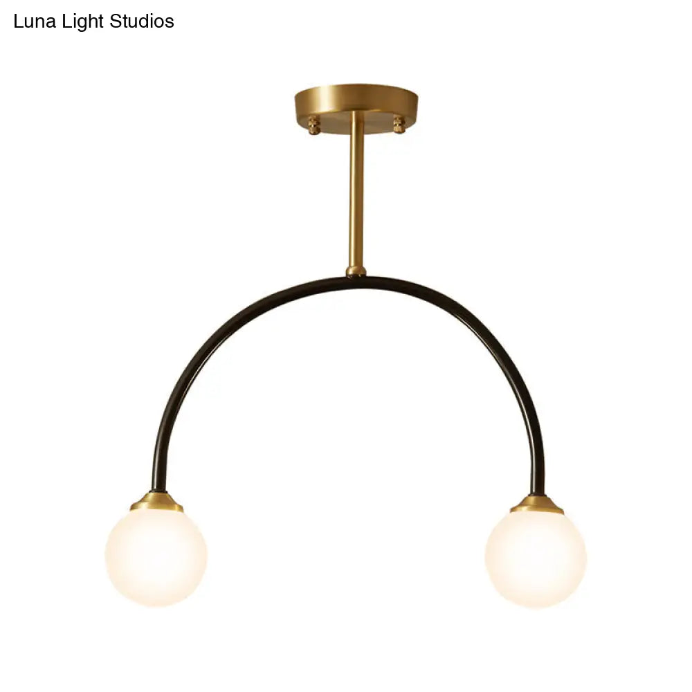 Arced Minimal 2-Bulb Led Flush Ceiling Lamp Brass & Black Restaurant Semi Mount Lighting