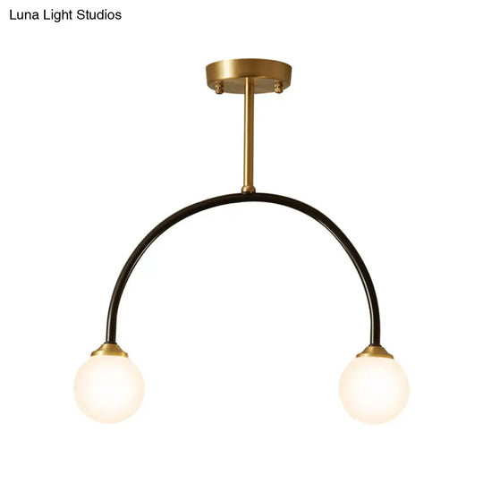 Arced Minimal 2-Bulb Led Flush Ceiling Lamp Brass & Black Restaurant Semi Mount Lighting