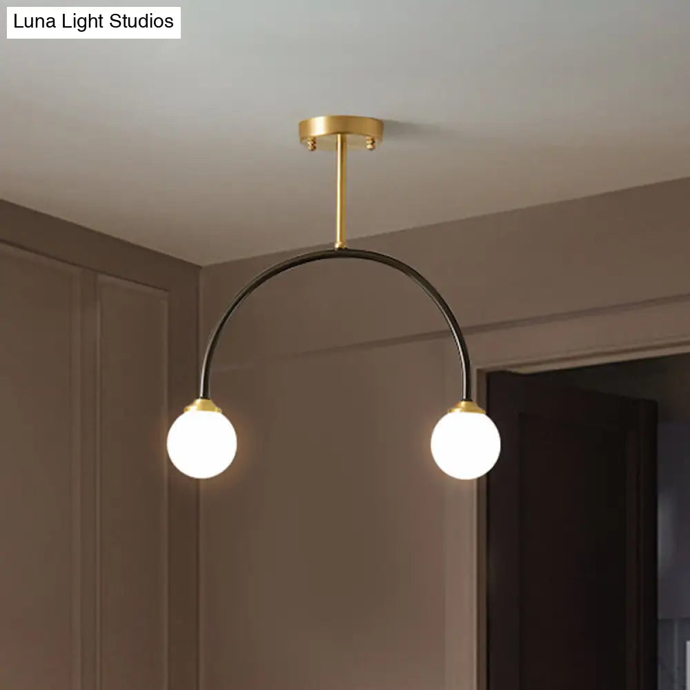 Arced Minimal 2-Bulb Led Flush Ceiling Lamp Brass & Black Restaurant Semi Mount Lighting