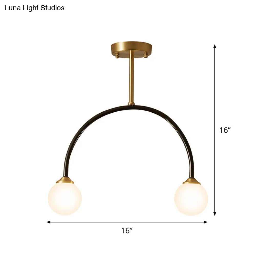 Arced Minimal 2-Bulb Led Flush Ceiling Lamp Brass & Black Restaurant Semi Mount Lighting