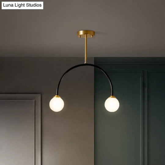 Arced Minimal 2-Bulb Led Flush Ceiling Lamp Brass & Black Restaurant Semi Mount Lighting