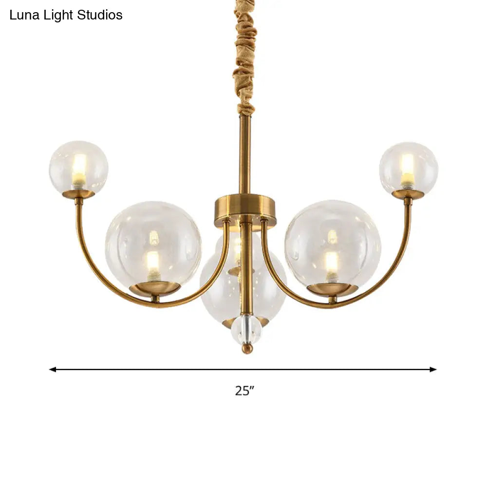 Arched Arm Chandelier With Elegant Metal Frame Globe Glass Shade Pendant Light For Living Room