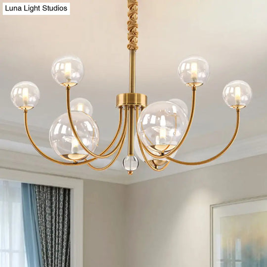 Arched Arm Chandelier With Elegant Metal Frame Globe Glass Shade Pendant Light For Living Room