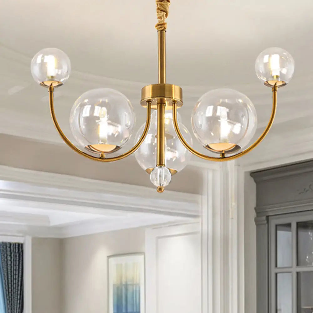 Arched Arm Chandelier With Elegant Metal Frame Globe Glass Shade Pendant Light For Living Room