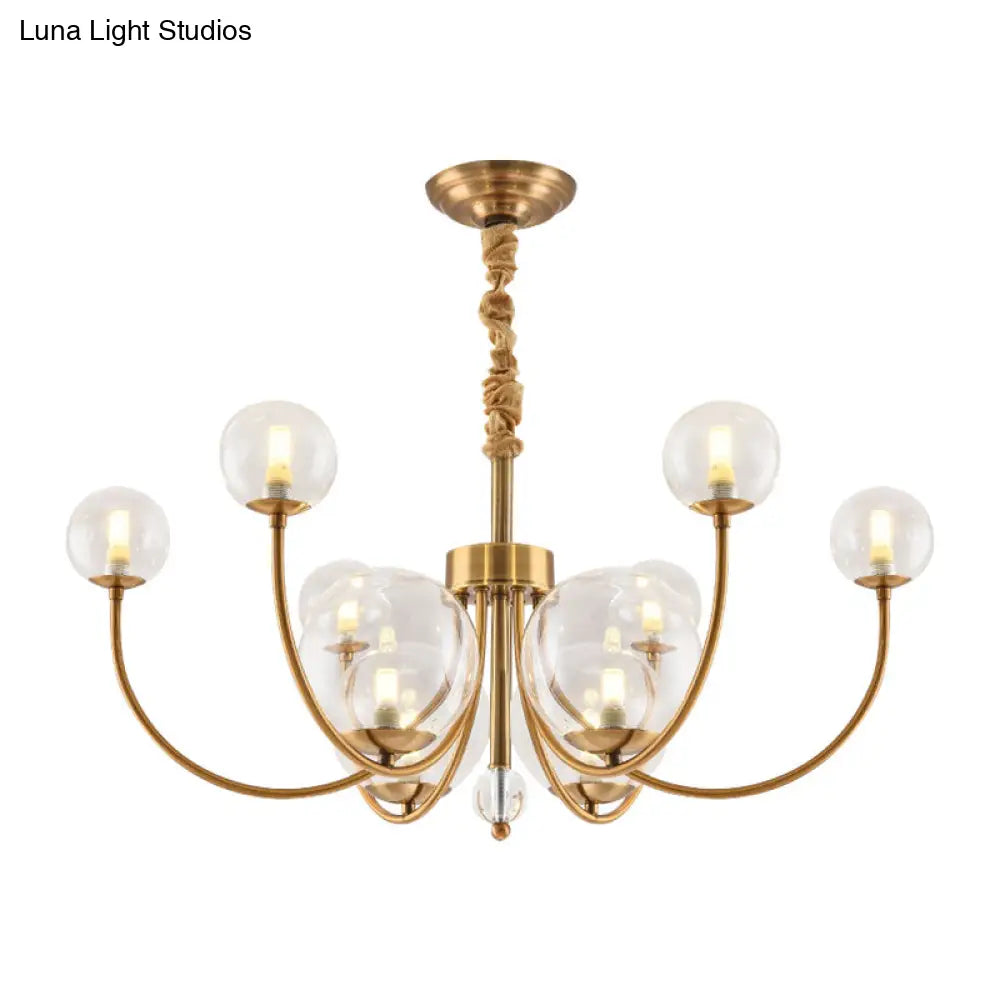 Arched Arm Chandelier With Elegant Metal Frame Globe Glass Shade Pendant Light For Living Room